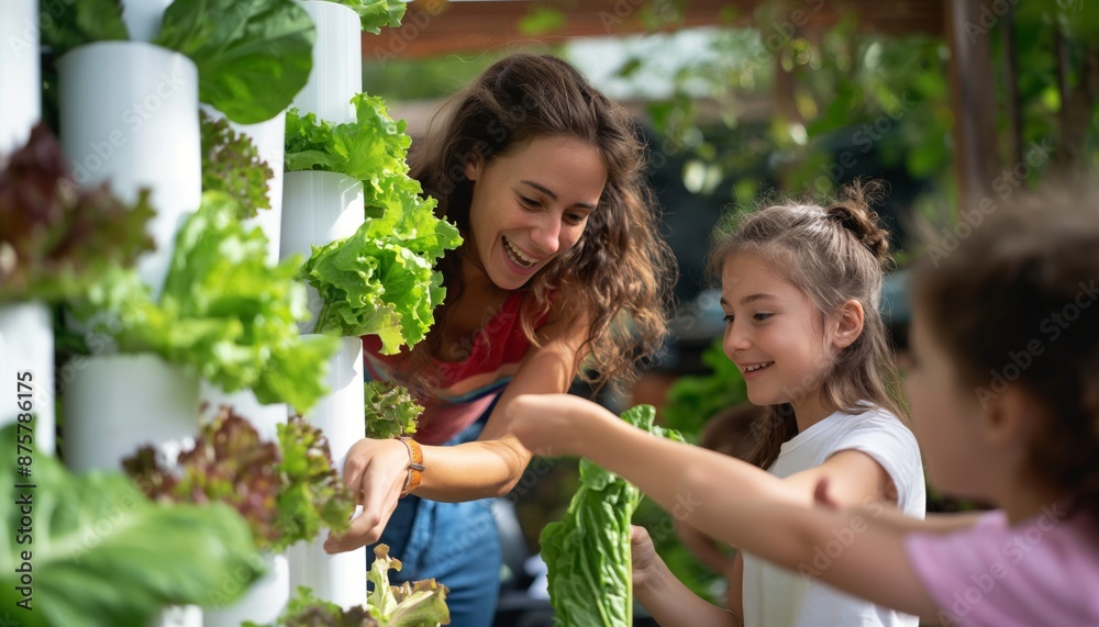 A family harvests fresh vegetables from a vertical aeroponic plant made from white PVC pipe poles in their home