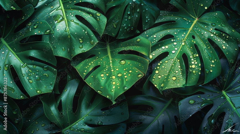 Raindrops on Giant Green Monstera Leaves Raindrops on Giant Green Monstera Leaves