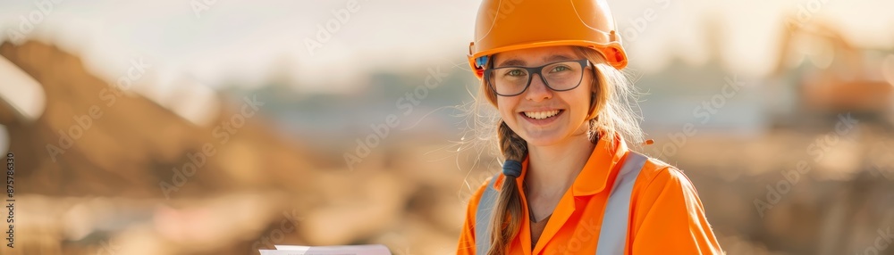 Smiling woman in hard hat and safety vest. Smiling woman in hard hat and safety vest.