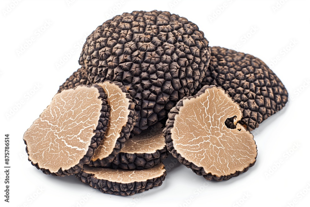 whole black truffles with a few several thin slices arranged around it isolated on a white background. whole black truffles with a few several thin slices arranged around it isolated on a white background.