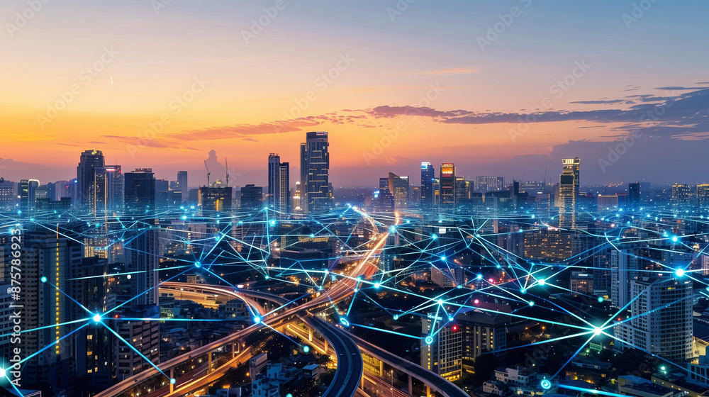 Fototapeta premium Digital Network Overlay on Cityscape at Dusk with Connection Nodes