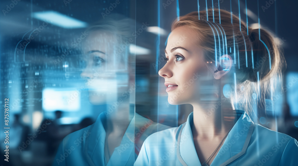 Nurse looking interacts with virtual interface patient through glass in hospital Nurse looking interacts with virtual interface patient through glass in hospital