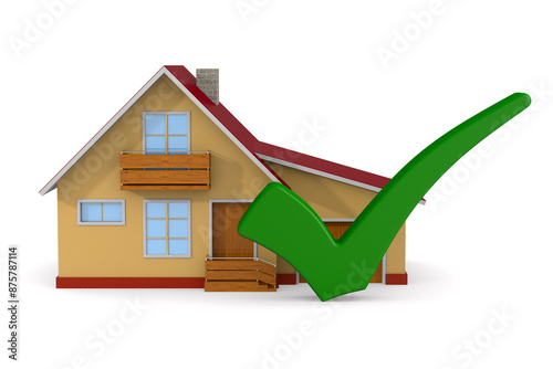 house and check mark on white background. Isolated 3D illustration