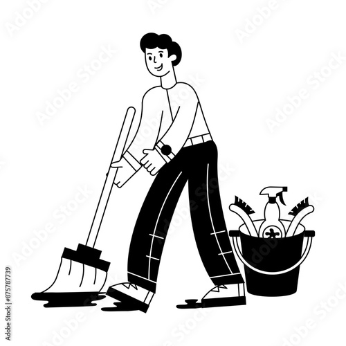 Trendy outline mini illustration of mopping floor 

