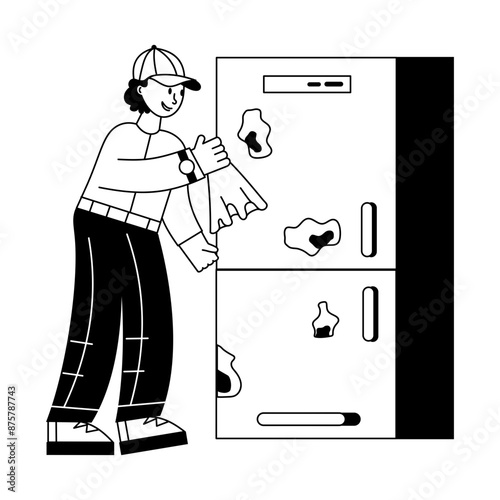 An editable outline mini illustration of cleaning fridge 

