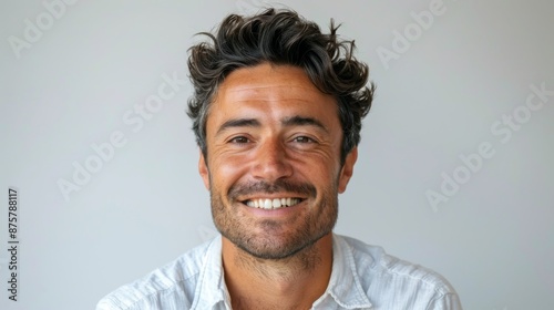 Portrait of a smiling man with dark hair and beard wearing a white shirt