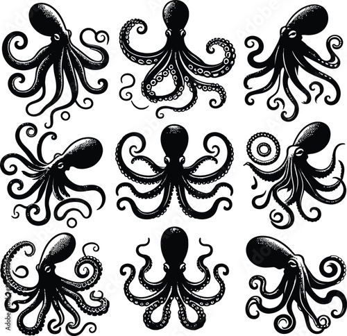 Octopus set silhouette vector on a white background