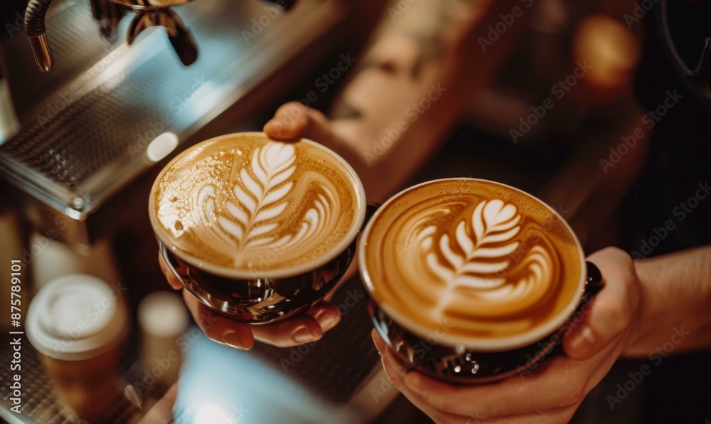 Two cups of coffee with beautiful latte art. AI. Two cups of coffee with beautiful latte art. AI.