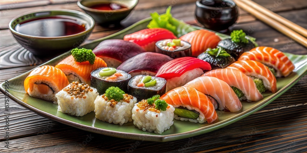 sushi rolls on a plate on a wooden table sushi rolls on a plate on a wooden table