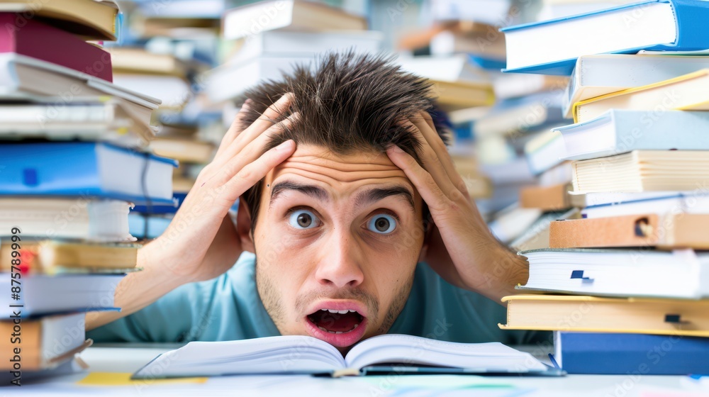 A stressed student with a surprised expression surrounded by towering piles of books, depicting academic pressure and study overload.