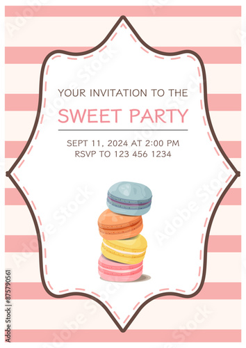 Colorful macaroon invitation card. Sweet macaroon. Vector illustration.