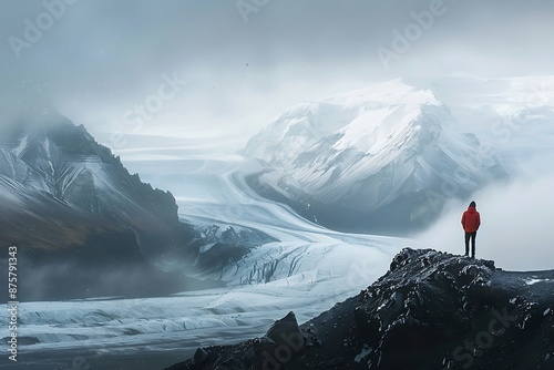 Solitary Figure Overlooking a Majestic Snow-Covered Mountain Landscape