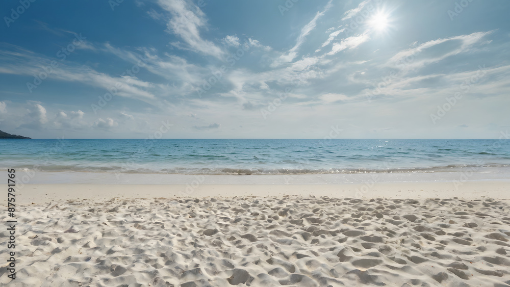 White sand beach with sea waves, sky, and clouds. Sea Escape landscape paradise background. Summer, holiday, tropical, nature, travel theme. White sand beach with sea waves, sky, and clouds. Sea Escape landscape paradise background. Summer, holiday, tropical, nature, travel theme.
