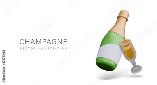 Vector illustration with realistic bottle of champagne, glass with yellow drink