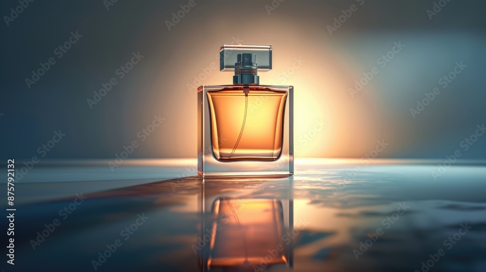 High-end mockup of a perfume bottle with a minimalist design, placed on a reflective surface with soft lighting High-end mockup of a perfume bottle with a minimalist design, placed on a reflective surface with soft lighting