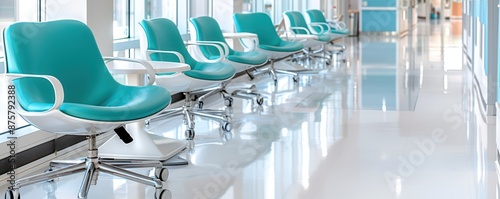 A clean and modern hospital waiting room with turquoise chairs lined up along a brightly lit corridor, creating a welcoming environment. photo