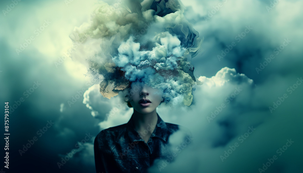 Woman's face obscured by a surreal cloud formation merging with her head in a dreamlike atmosphere. Woman's face obscured by a surreal cloud formation merging with her head in a dreamlike atmosphere.