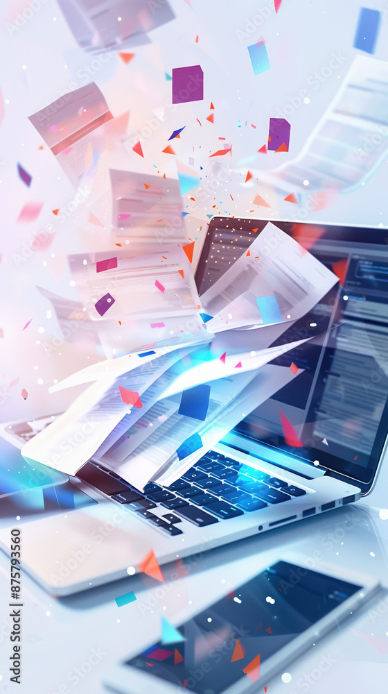 Colorful Digital Data Transfer with Laptop and Floating Documents, Conceptual Visualization of Modern Information Exchange and Cloud Computing