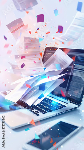 Colorful Digital Data Transfer with Laptop and Floating Documents, Conceptual Visualization of Modern Information Exchange and Cloud Computing
