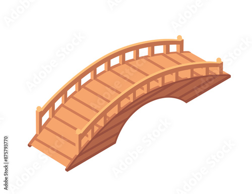 Arched wooden bridge with railings. Smooth, curved design bridge constructed from light brown wood planks. Isometric style vector illustration isolated on white background
