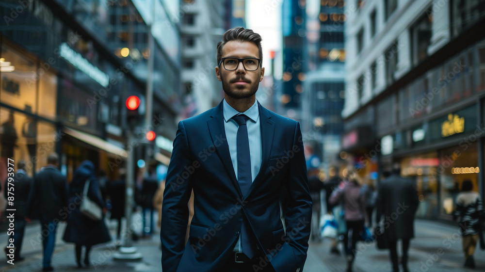 businessman in a navy blue suit walking confidently through a busy city street, businessman in a navy blue suit walking confidently through a busy city street,