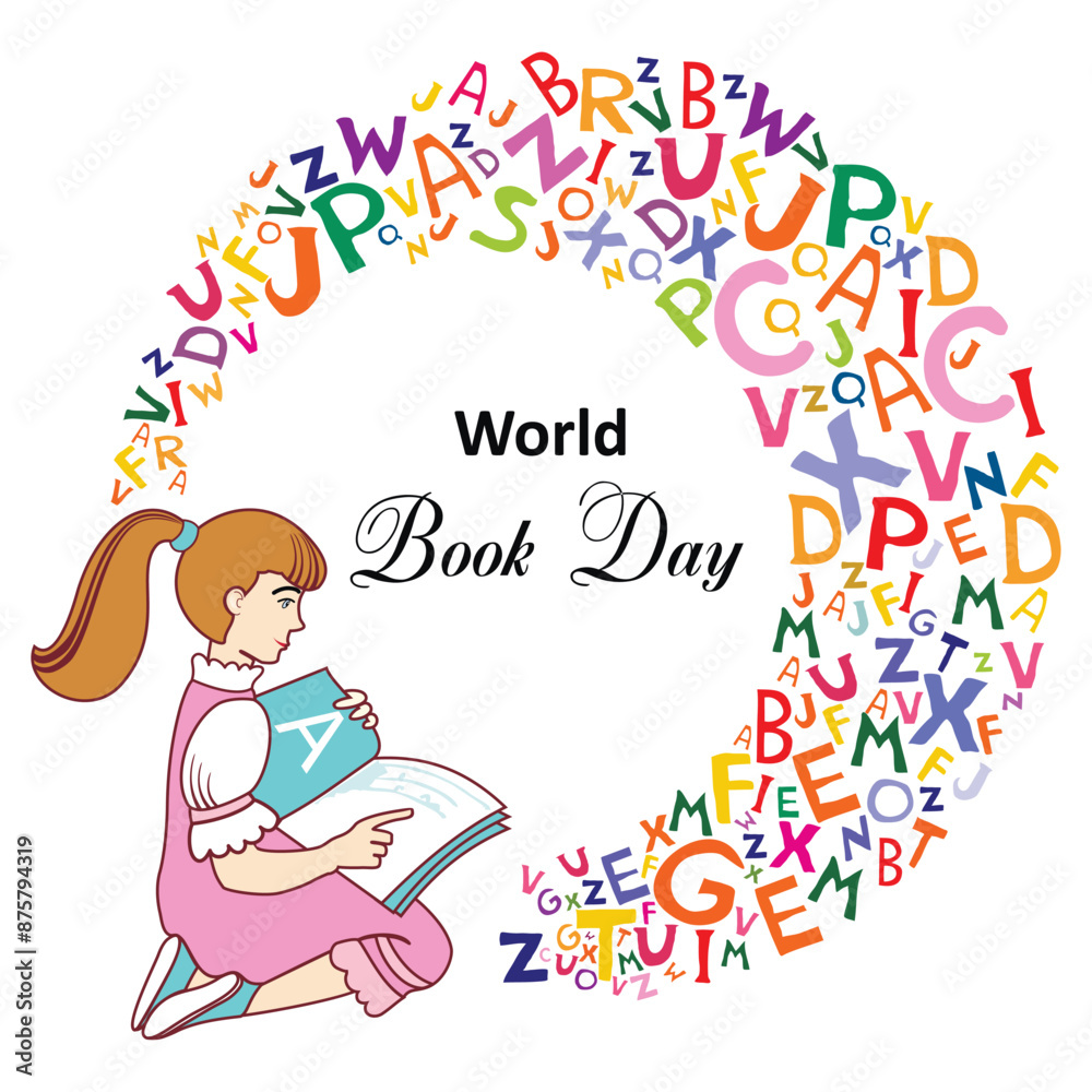 World Book Day. 23 April. Cute, funny Girl reading book isolated on white background. Education and school concept. Vector Illustration World Book Day. 23 April. Cute, funny Girl reading book isolated on white background. Education and school concept. Vector Illustration