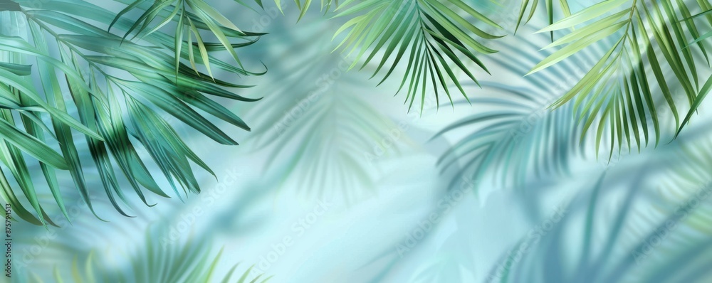 Abstract background with palm leaves shadows on the wall, light blue and mint green gradient, Abstract background with palm leaves shadows on the wall, light blue and mint green gradient,