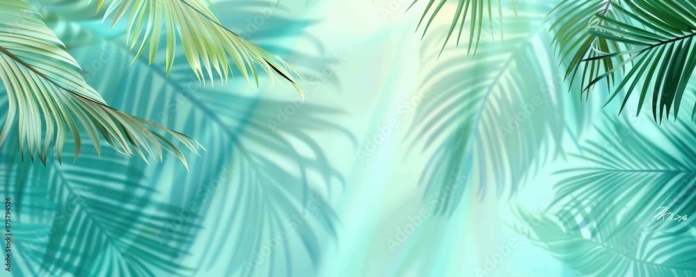 Abstract background with palm leaves shadows on the wall, light blue and mint green gradient, Abstract background with palm leaves shadows on the wall, light blue and mint green gradient,