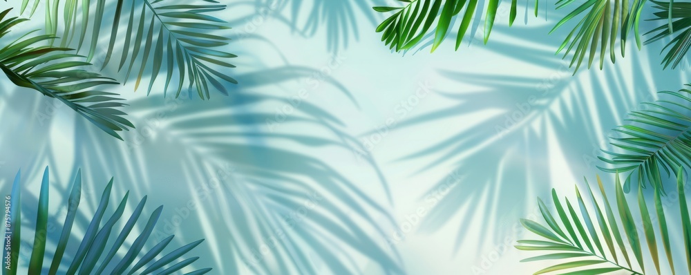 Abstract background with palm leaves shadows on the wall, light blue and mint green gradient, Abstract background with palm leaves shadows on the wall, light blue and mint green gradient,