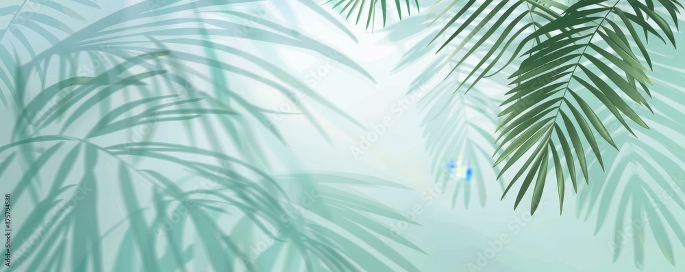 Abstract background with palm leaves shadows on the wall, light blue and mint green gradient, Abstract background with palm leaves shadows on the wall, light blue and mint green gradient,