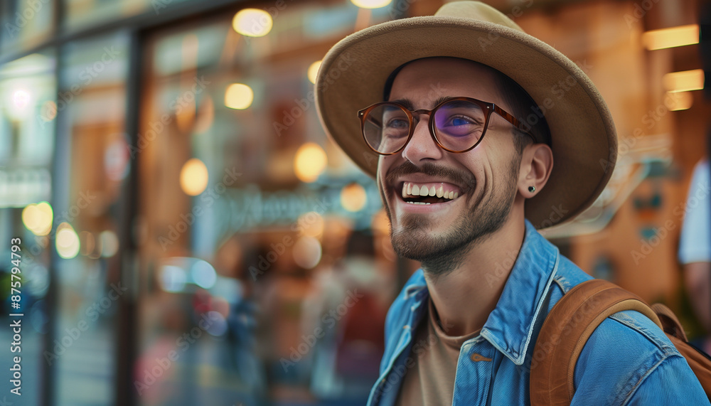 Smiling man wearing glasses and a hat, standing outdoors in an urban setting with blurred lights Smiling man wearing glasses and a hat, standing outdoors in an urban setting with blurred lights