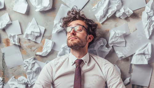 Man lying on the floor surrounded by crumpled papers, wearing glasses and looking overwhelmed