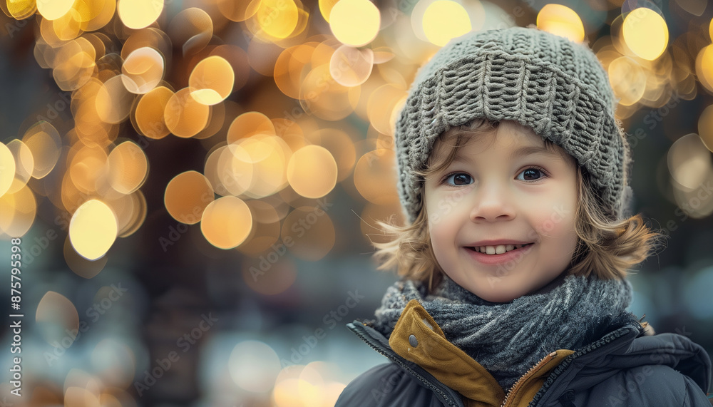 Smiling child wearing a knit hat and scarf, with festive bokeh lights in the background Smiling child wearing a knit hat and scarf, with festive bokeh lights in the background