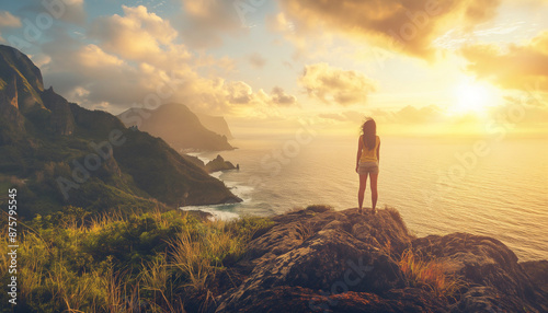 Person standing on a cliff overlooking a beautiful coastal landscape at sunset