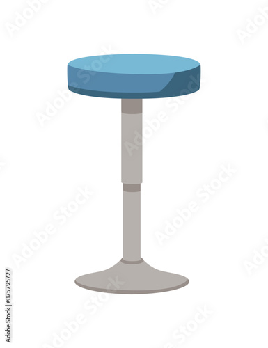 Round padded chair with steel turnable leg. Bar stool with blue pillow and chromium stand. Sitting furniture with soft pad for bar counter vector illustration isolated on white background