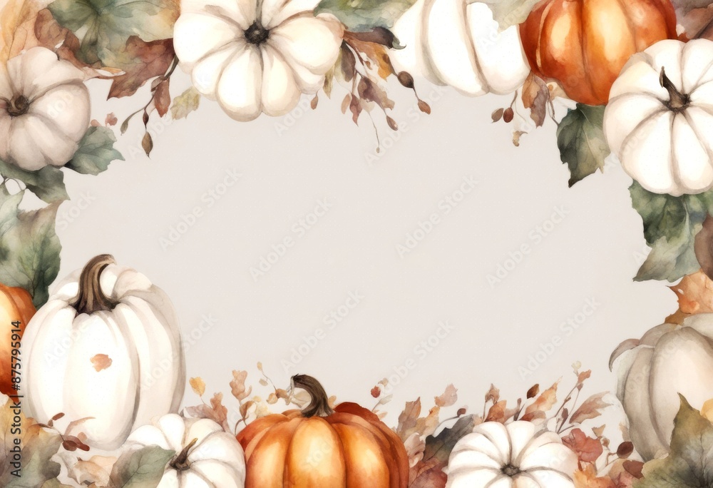 Fototapeta premium flowers style invitation autumn olated white border chaplet floral wreath rustic frame leaf leaves watercolor pumpkins fall flower background illustration template orange
