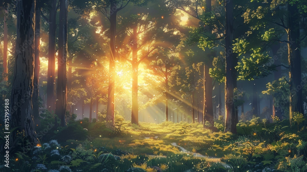 Obraz premium Glowing rays of sunlight shining through the tall green trees of an enchanted forest