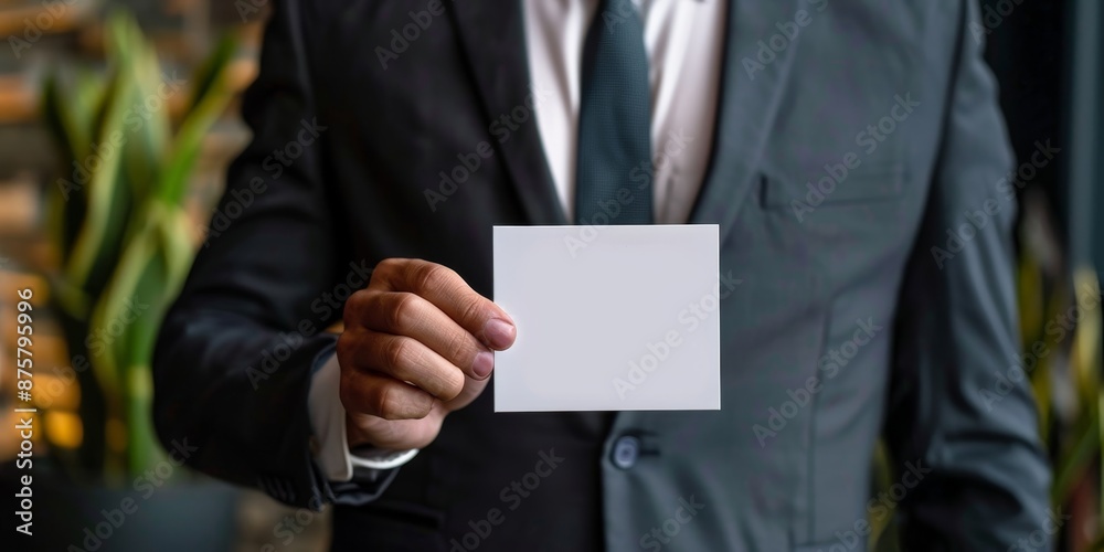 Businessman in a suit holding a blank card, ready for personalization or information, in an outdoor setting. Businessman in a suit holding a blank card, ready for personalization or information, in an outdoor setting.