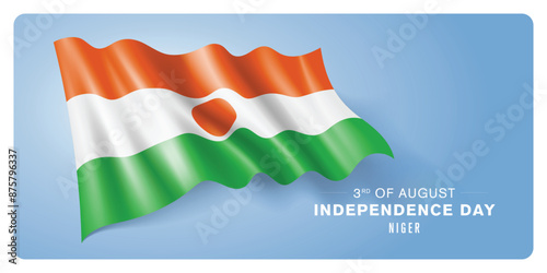 Niger independence day vector banner, greeting card. Nigerian wavy flag in 3rd of August patriotic holiday horizontal design with realistic flag