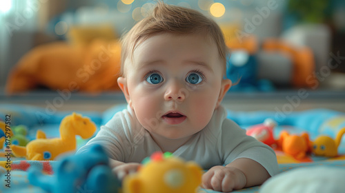 A curious infant lies on a play mat, surrounded by colorful toys and plush animals. Their wide, bright eyes track the movement of a dangling rattle