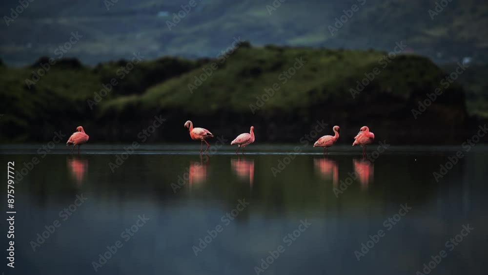 Lockdown Shot Of Flamboyance Of American Flamingos Walking On Lake - Serengeti, Tanzania