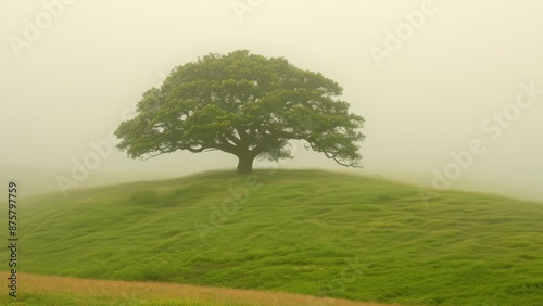 Lonely tree on a hillside in a foggy morning