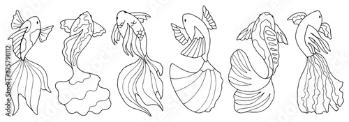 Set of graphic fish. Black and white contour drawing with various sea animals. Hand drawn illustration. Line sketch of a children's coloring book in doodle style