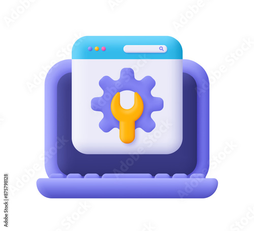 Laptop webpage browser with gear and wrench. Online support, settings, repair service and technical support concept. 3d vector icon. Cartoon minimal style.