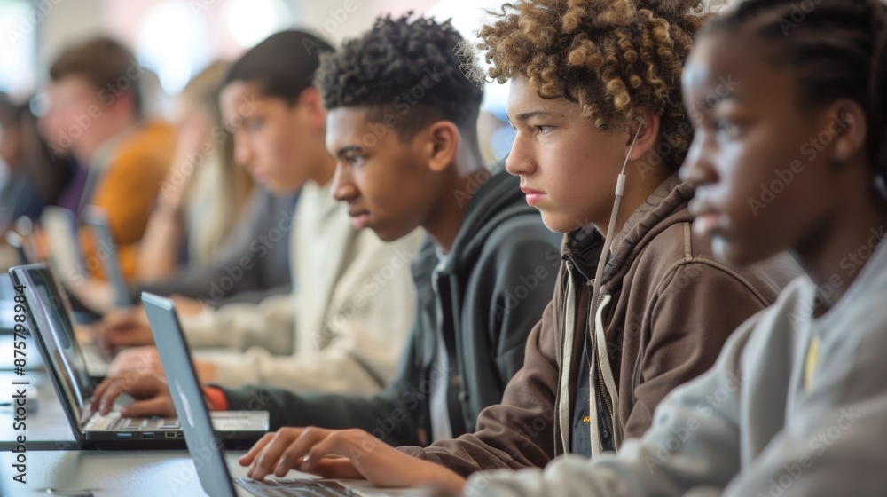 large group of high school students taking a test on laptops large group of high school students taking a test on laptops