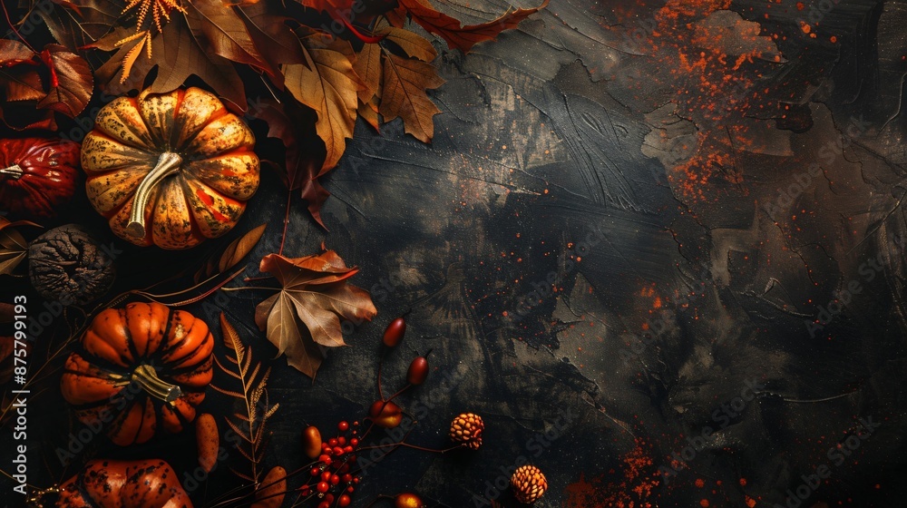 Fototapeta premium Autumnal Still Life with Pumpkins and Leaves