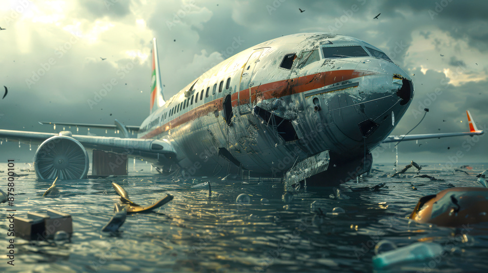 The plane crash. There is a crashed plane in the water, and debris and various debris are floating around it. The scene is chaotic and disorganized, The plane crash. There is a crashed plane in the water, and debris and various debris are floating around it. The scene is chaotic and disorganized,