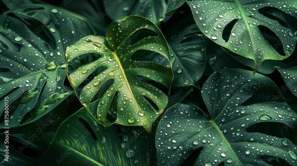 Fototapeta premium Close-up of lush green tropical leaves with raindrops for a vibrant natural background