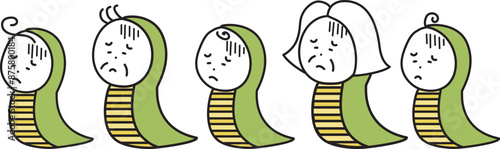 ヘビの着ぐるみを着て落ち込む人々のイラストセット