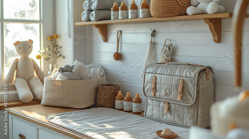 A roomy, vegan leather diaper bag in a stylish grey color is perched on a changing table, organized with baby bottles, diapers, and toys
